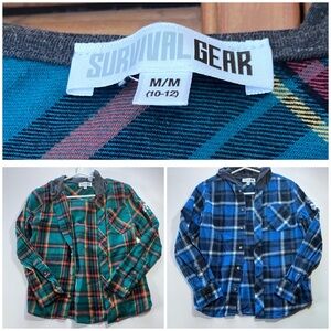 Survival Gear Hooded Flannel Shirts~Set Of 2~Blue&Green Boys Size 10-12